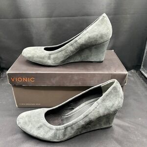 Vionic Lux‎ Camden Wedge Heel Pumps Comfortable Dark Gray Suede Size 8